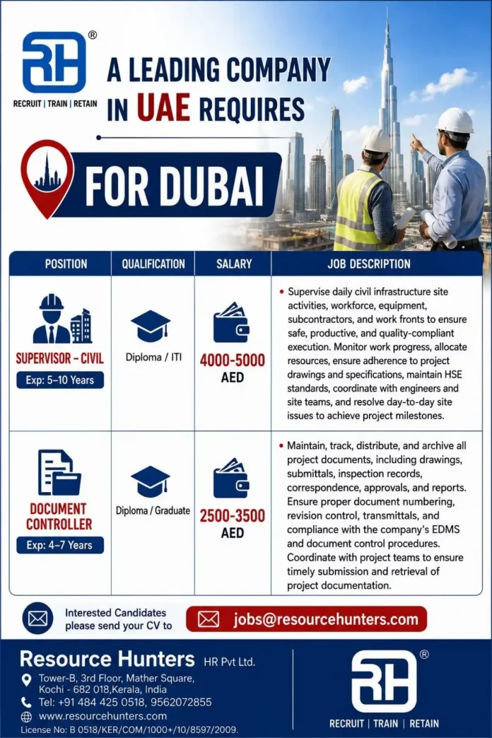 Civil Supervisor Document Controller Jobs in Dubai