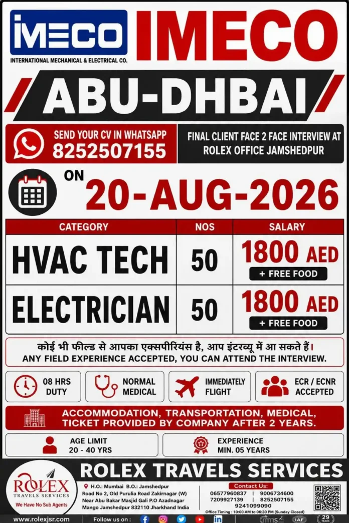MECO IMECO Abu Dhabi Jobs 2026 – HVAC Technician and Electrician Recruitment