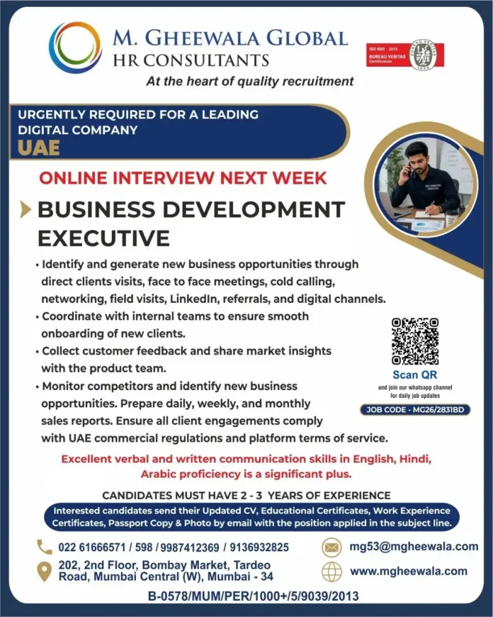 M. Gheewala Global HR Consultants recruiting Business Development Executive for leading digital company in UAE