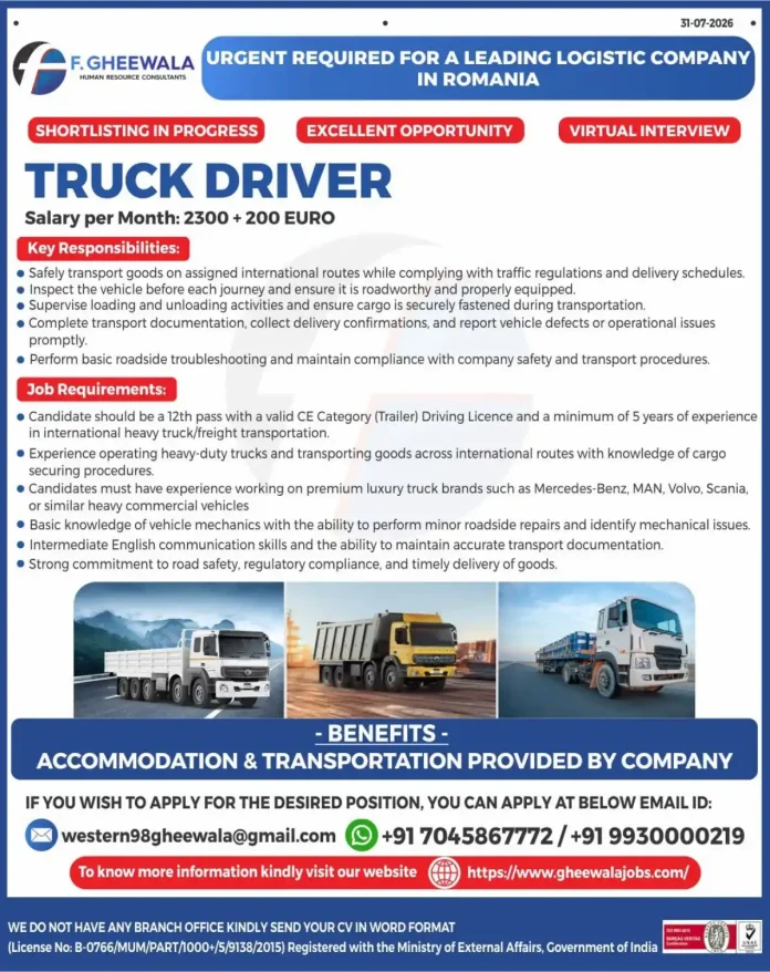 Truck Driver job in Romania with Gheewala – CE Licence required