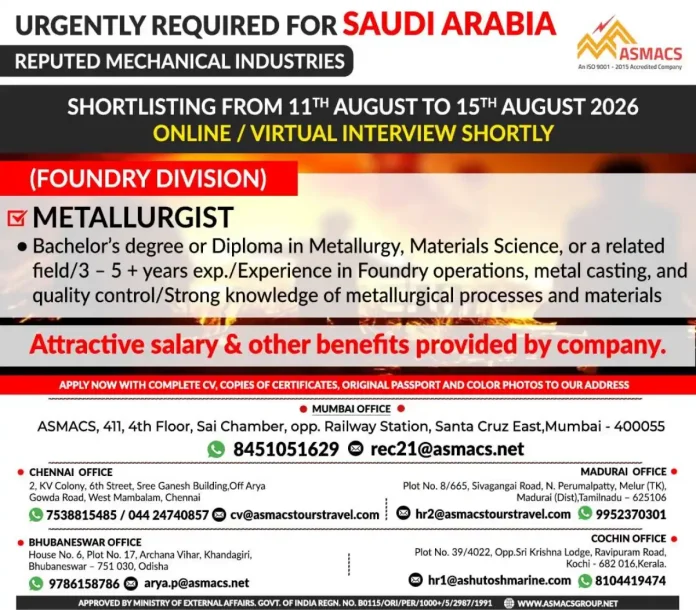Metallurgist jobs in Saudi Arabia – ASMACS Foundry Division