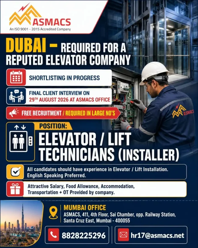 Elevator/Lift Technician installing elevator in Dubai – ASMACS recruitment