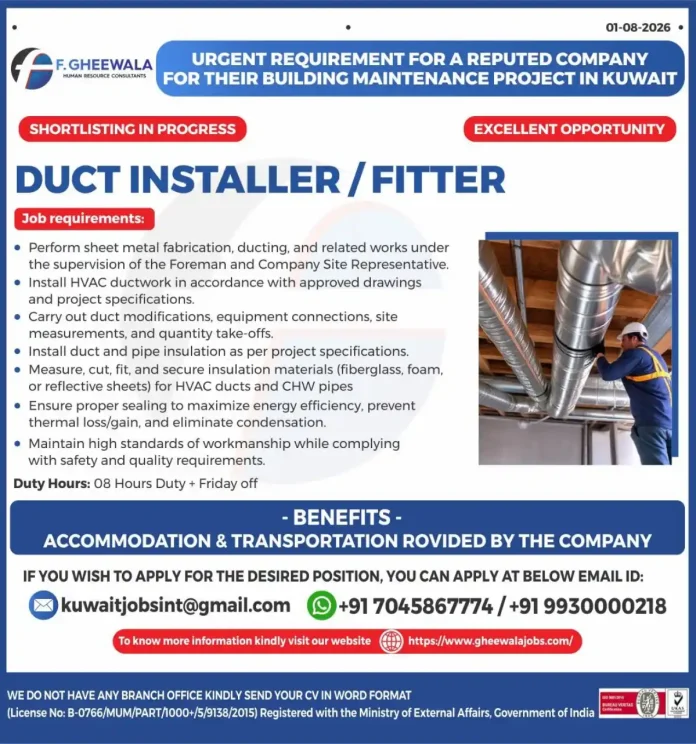 Duct Installer/Fitter Kuwait job - HVAC duct installation and insulation