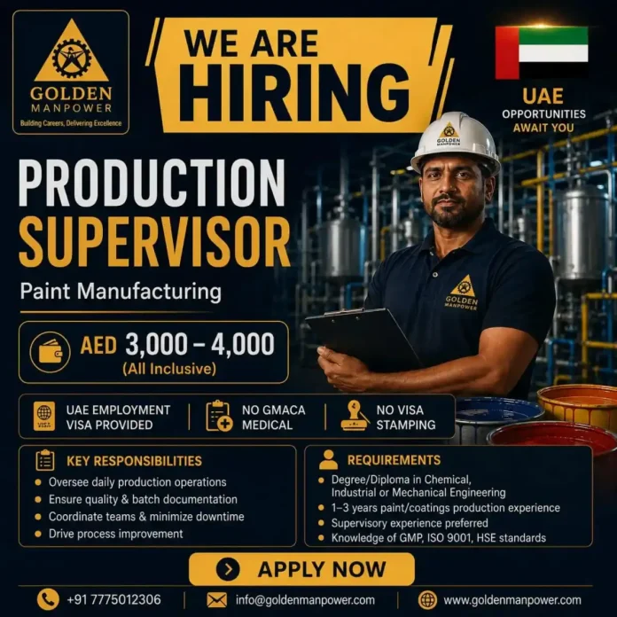 Production Supervisor Paint Manufacturing Job UAE Golden Manpower