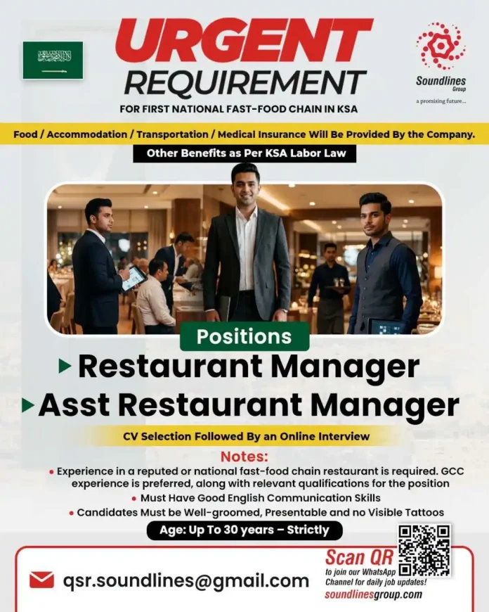 Soundlines Group hiring Restaurant Manager and Assistant Restaurant Manager for KSA fast food chain