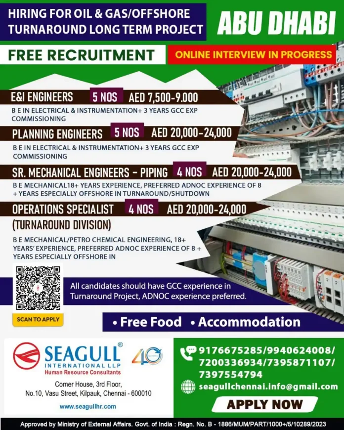 Oil and gas offshore turnaround jobs in Abu Dhabi for E&I, planning and mechanical piping engineers