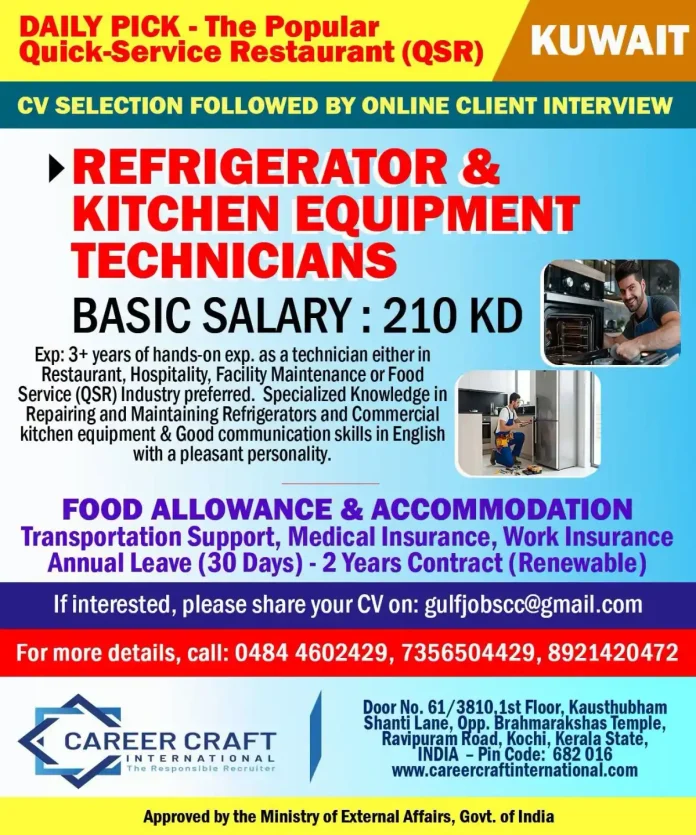 QSR Kitchen Technician repairing a commercial refrigerator in Kuwait