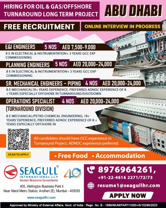 Abu Dhabi Oil & Gas offshore turnaround jobs hiring E&I, Planning, Mechanical and Operations Engineers