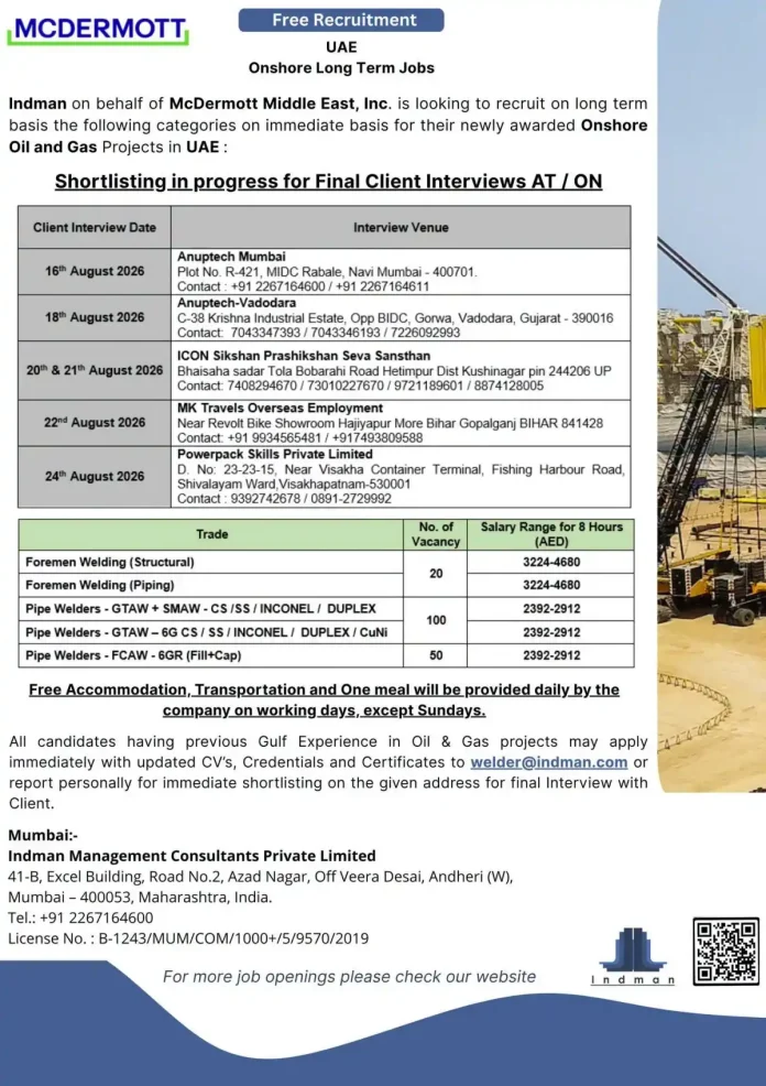McDermott UAE onshore oil and gas welding jobs walk-in interview