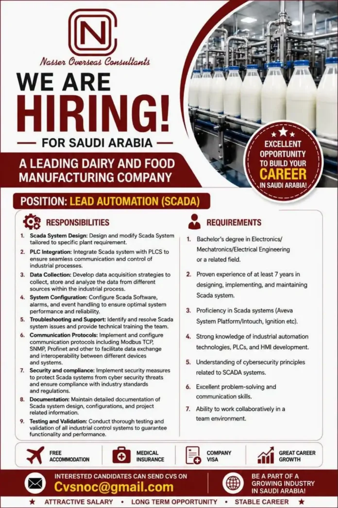 Lead Automation SCADA engineer job in Saudi Arabia dairy and food company