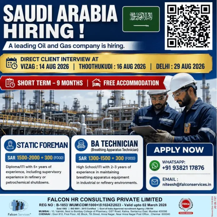 Saudi Arabia Oil and Gas Static Foreman and BA Technician job hiring