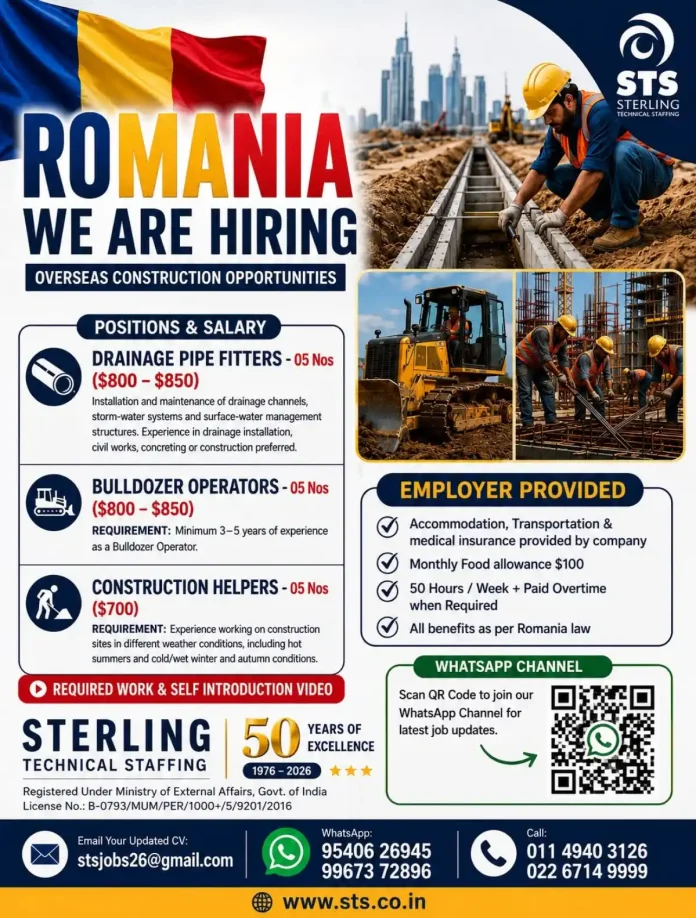 Romania overseas construction jobs – Drainage Pipe Fitters, Bulldozer Operators and Construction Helpers