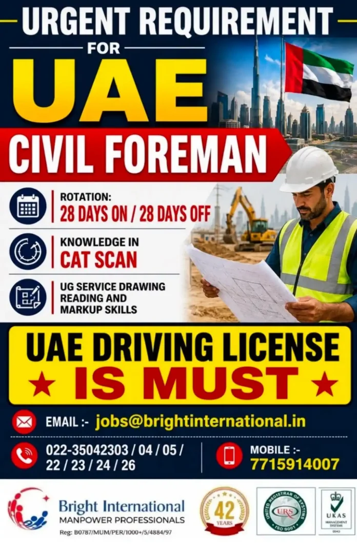 Civil Foreman Jobs in UAE – Bright International Manpower Professionals