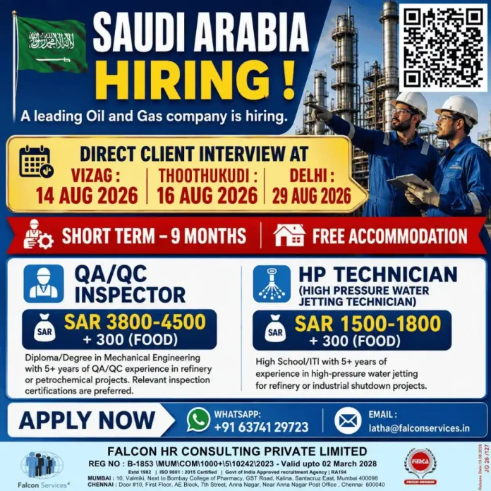 Saudi Arabia Oil and Gas jobs - QA/QC Inspector and HP Technician recruitment by Falcon Services