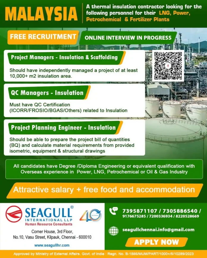 Malaysia insulation and scaffolding jobs for LNG, Power, Petrochemical and Fertilizer Plants