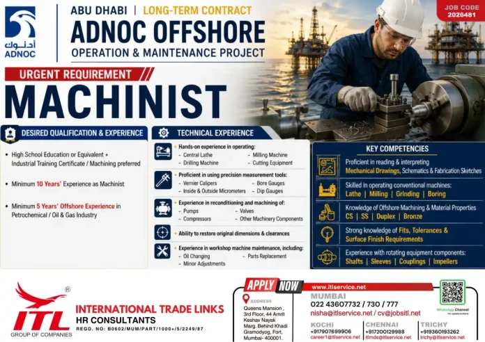 ADNOC Offshore Machinist Job Abu Dhabi – ITL Group Hiring