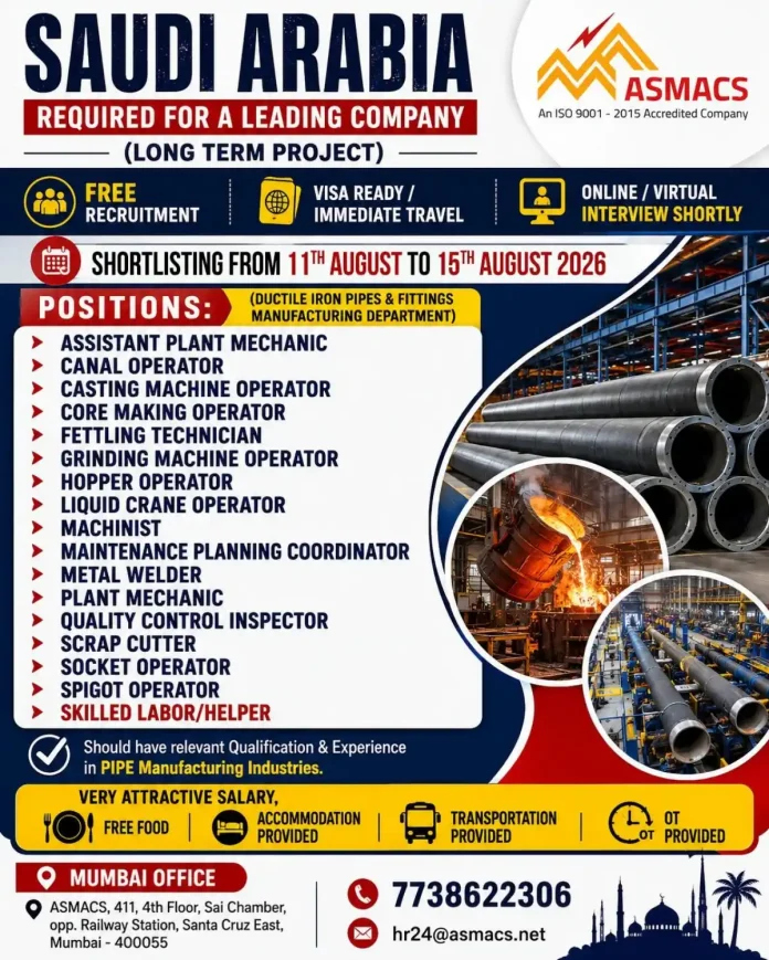 ASMACS recruitment for Ductile Iron Pipe and Fittings manufacturing jobs in Saudi Arabia