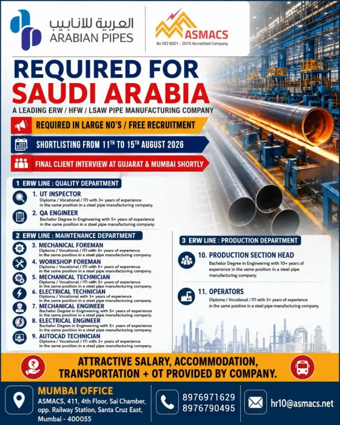 Arabian Pipes Saudi Arabia recruitment by ASMACS for ERW/HFW/LSAW pipe manufacturing jobs
