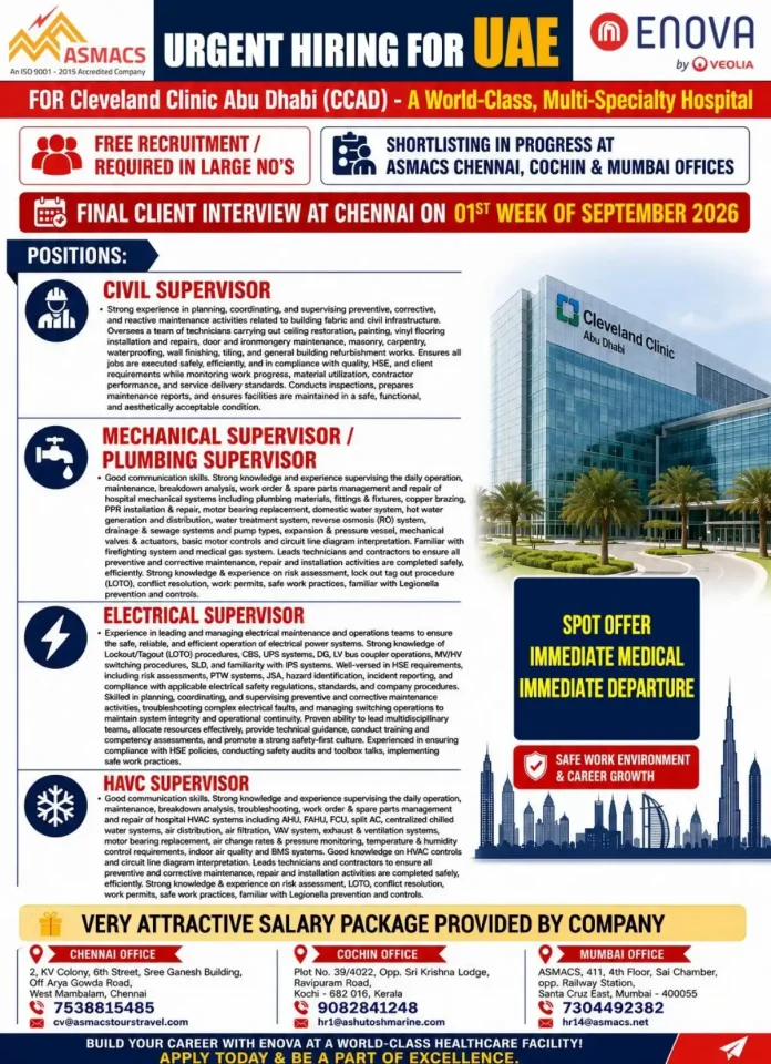 ASMACS urgent hiring for UAE supervisor jobs at Cleveland Clinic Abu Dhabi