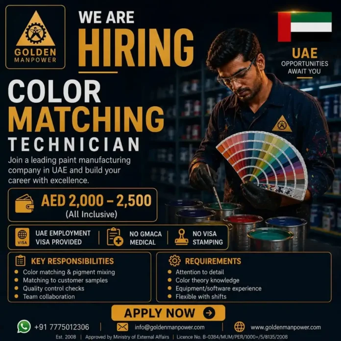 Color Matching Technician job in UAE for paint manufacturing company by Golden Manpower
