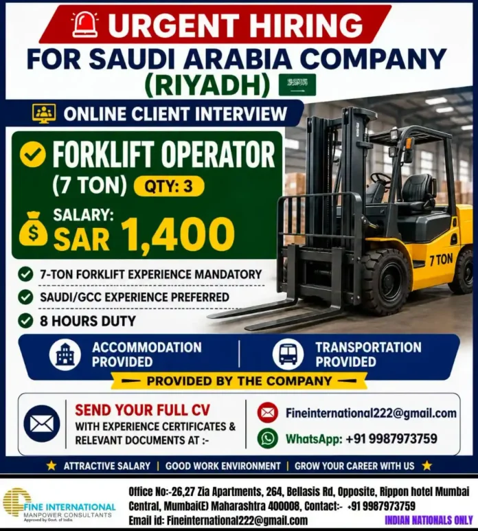7 ton forklift operator job in Riyadh Saudi Arabia