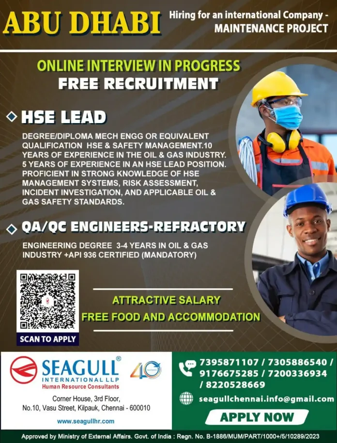 HSE Lead and QA/QC Refractory Engineer jobs in Abu Dhabi oil and gas maintenance project