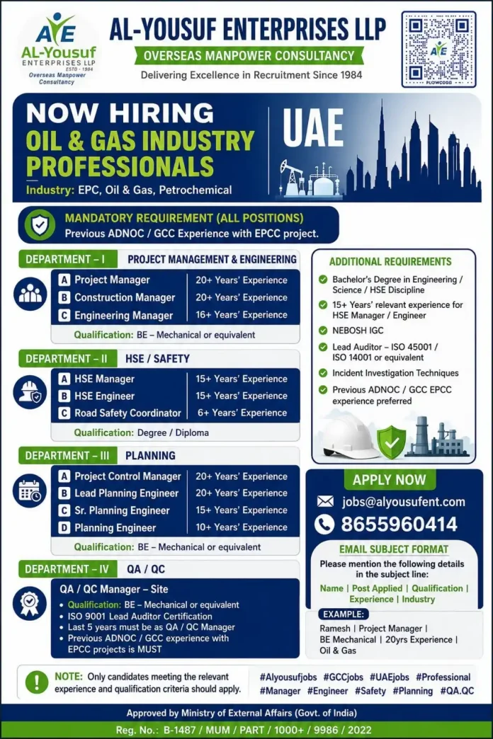 Al-Yousuf Enterprises LLP hiring Oil & Gas Industry Professionals in UAE