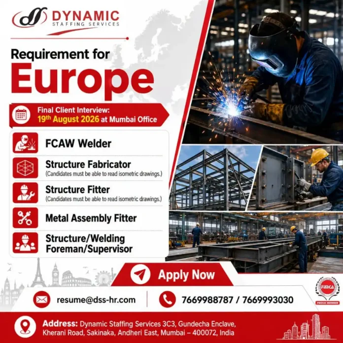 Dynamic Staffing Services Europe hiring – FCAW Welder, Structure Fabricator, Structure Fitter, Metal Assembly Fitter and Welding Foreman | Final Client Interview Mumbai 19 August 2026