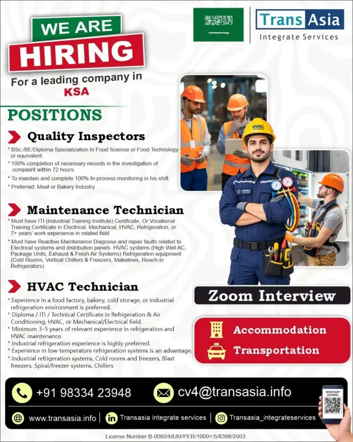 Quality Inspector Maintenance Technician HVAC Technician Jobs in KSA Trans Asia