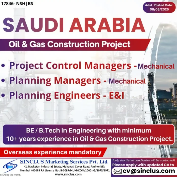 Project Control Managers and Planning Engineers jobs in Saudi Arabia Oil & Gas construction projects