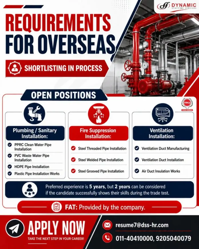 Plumbing and fire suppression installation technicians overseas job opportunity