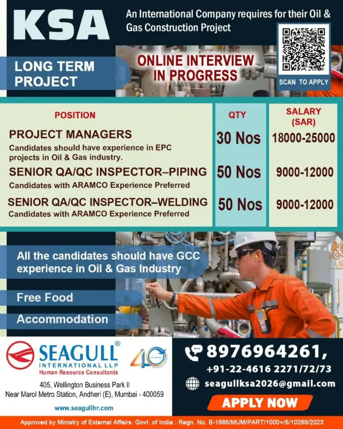 Seagull HR KSA Oil & Gas Construction Jobs for Project Managers and QA/QC Inspectors