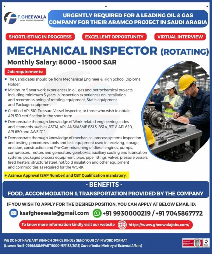 Mechanical Inspector Rotating Aramco Saudi Arabia job
