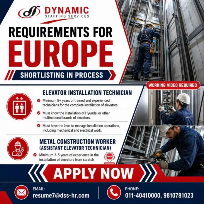 Elevator Installation Technician working on elevator equipment for Europe jobs