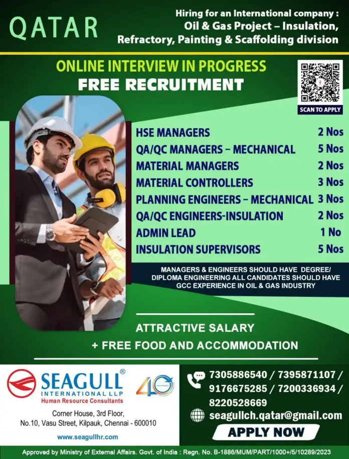 Qatar Oil & Gas recruitment – HSE Manager, QA/QC Manager, Material Manager, Planning Engineer, Insulation Supervisor jobs