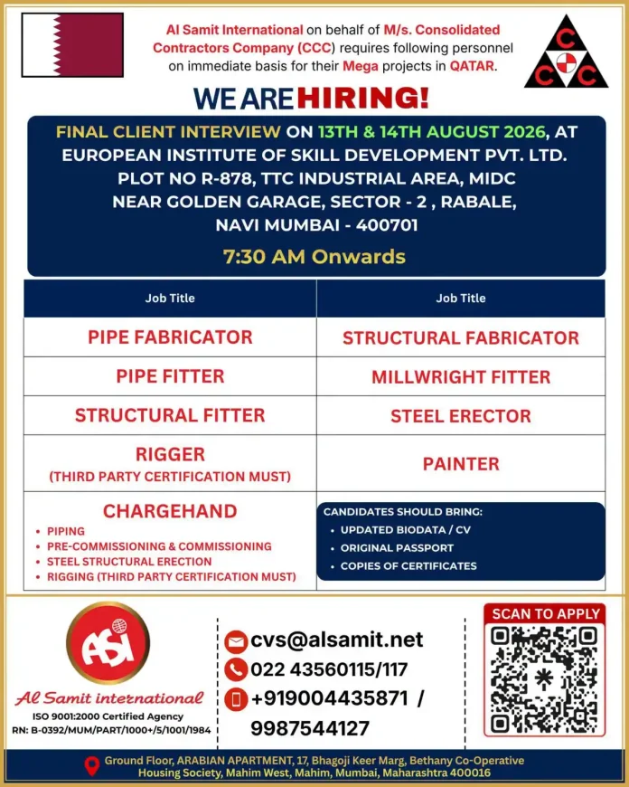 CCC Qatar mega projects recruitment walk-in interview for Pipe Fitter, Fabricator and Rigger