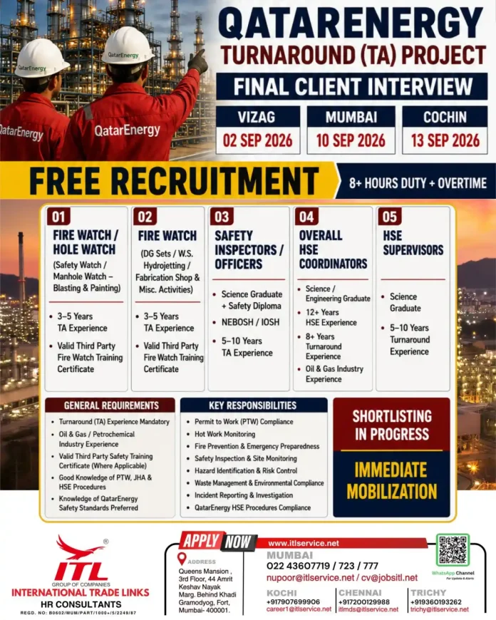 QatarEnergy Turnaround HSE Jobs 2026 Free Recruitment India