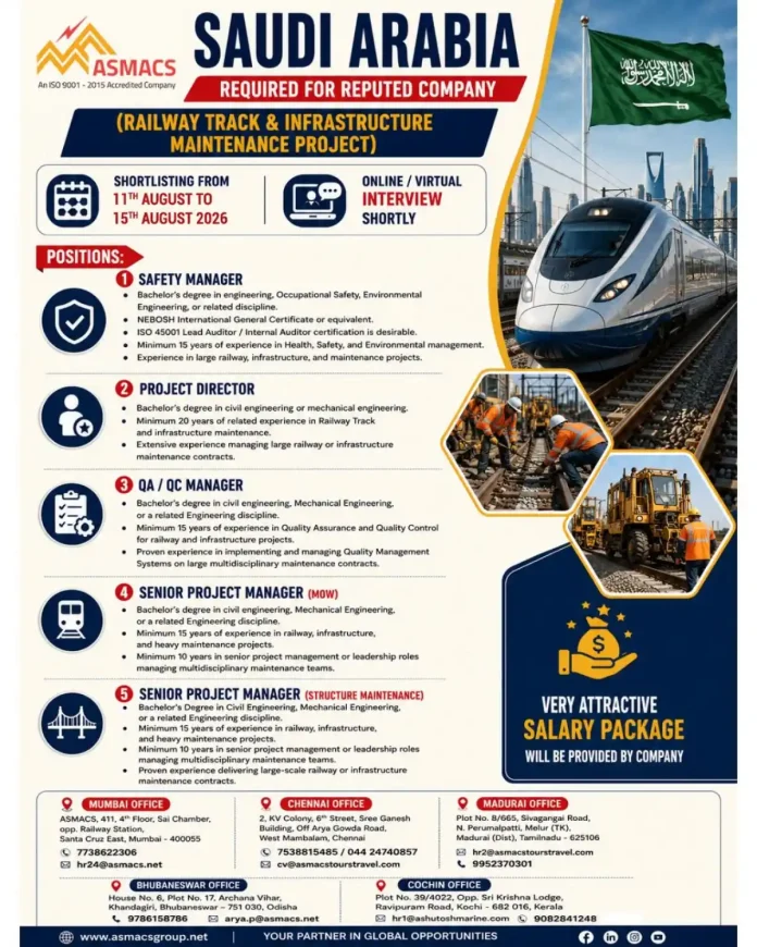 Railway track and infrastructure maintenance jobs in Saudi Arabia with ASMACS