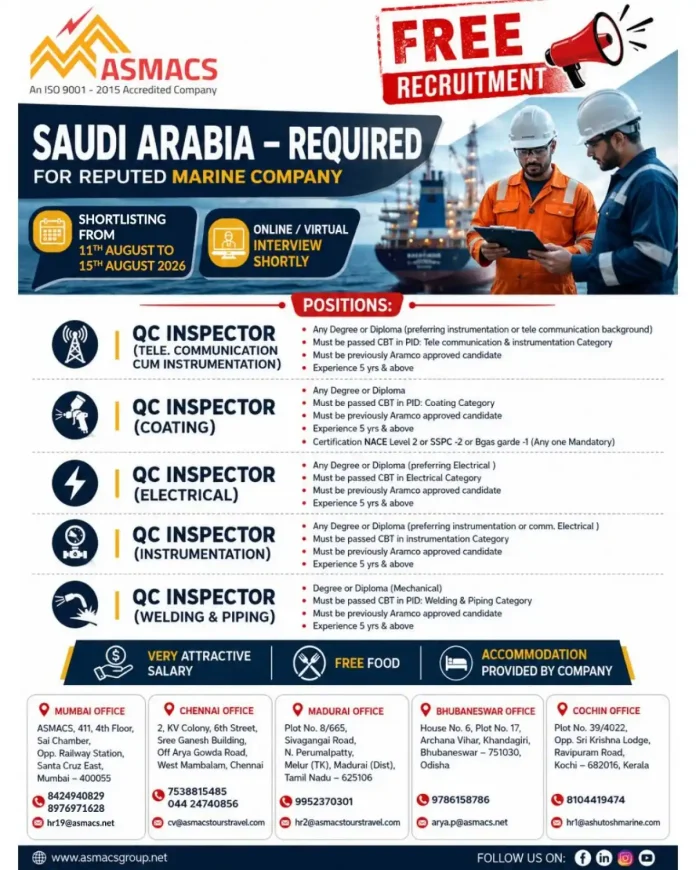 ASMACS free recruitment for Aramco approved QC Inspector jobs in Saudi Arabia