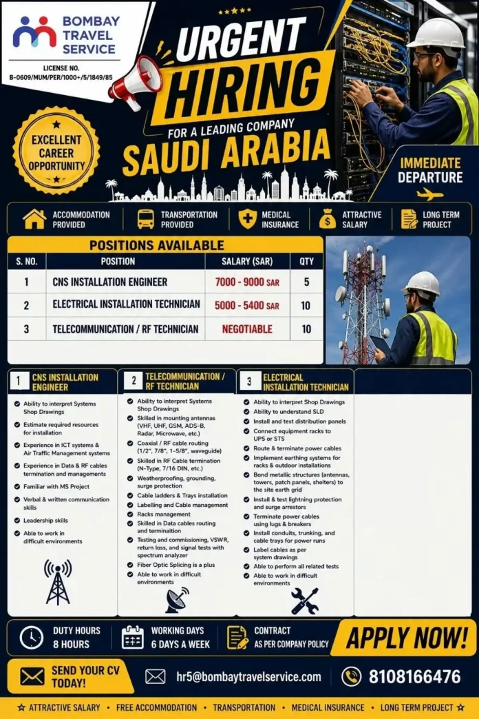 Bombay Travel Service Saudi Arabia recruitment – CNS Installation Engineer, Electrical and RF Technician jobs