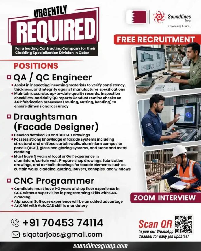 Cladding jobs in Qatar for QA/QC Engineer, Facade Draughtsman and CNC Programmer
