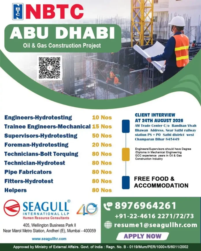 NBTC Abu Dhabi Oil & Gas Construction Project Hydrotesting Jobs Recruitment