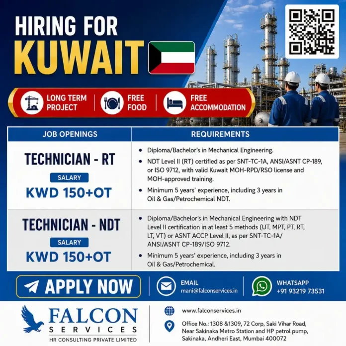 Technician RT and NDT jobs in Kuwait with Falcon Services