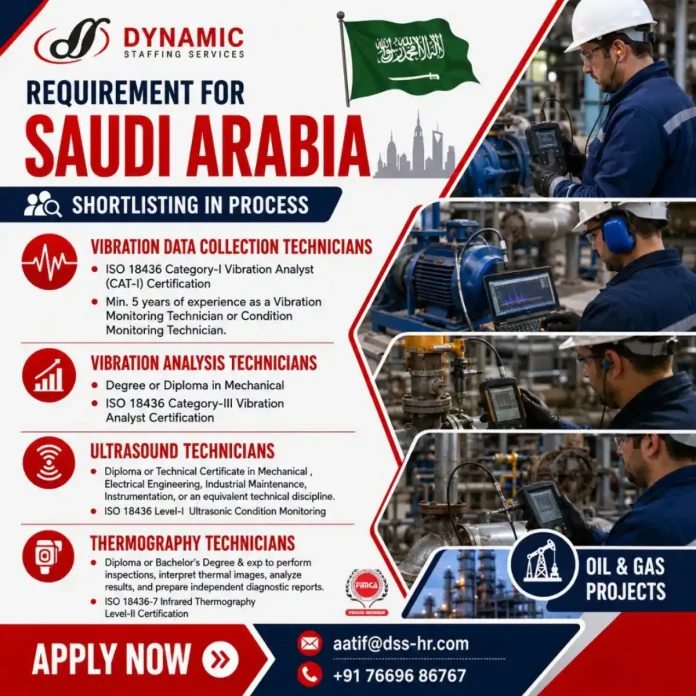 Dynamic Staffing Services hiring Vibration, Ultrasound and Thermography Technicians for Saudi Arabia oil and gas projects