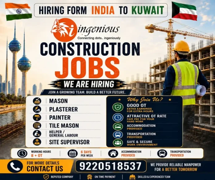 Construction jobs in Kuwait for Indian workers – Mason, Plasterer, Painter, Tile Mason, Helper and Site Supervisor