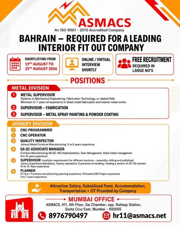 ASMACS Bahrain Recruitment 2026 Interior Fit Out Jobs
