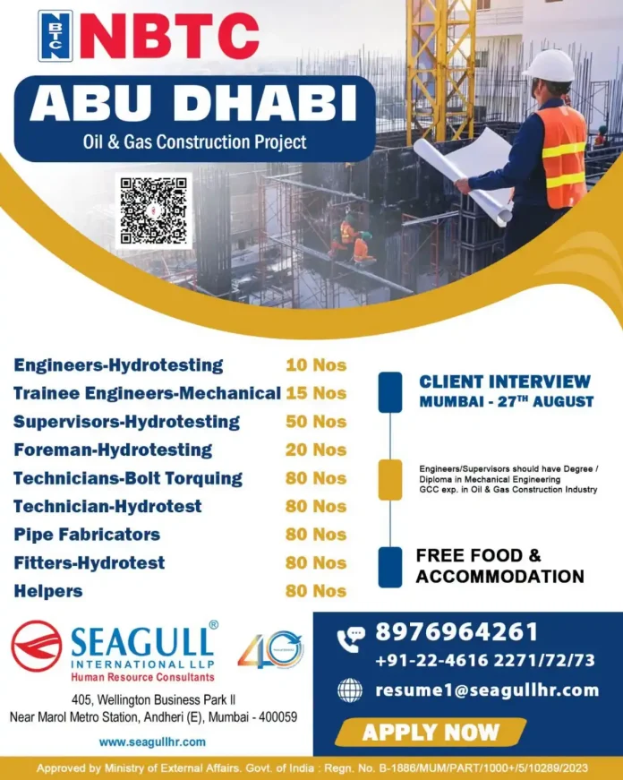 NBTC Abu Dhabi Oil & Gas Hydrotesting Jobs Walk-in Interview Mumbai