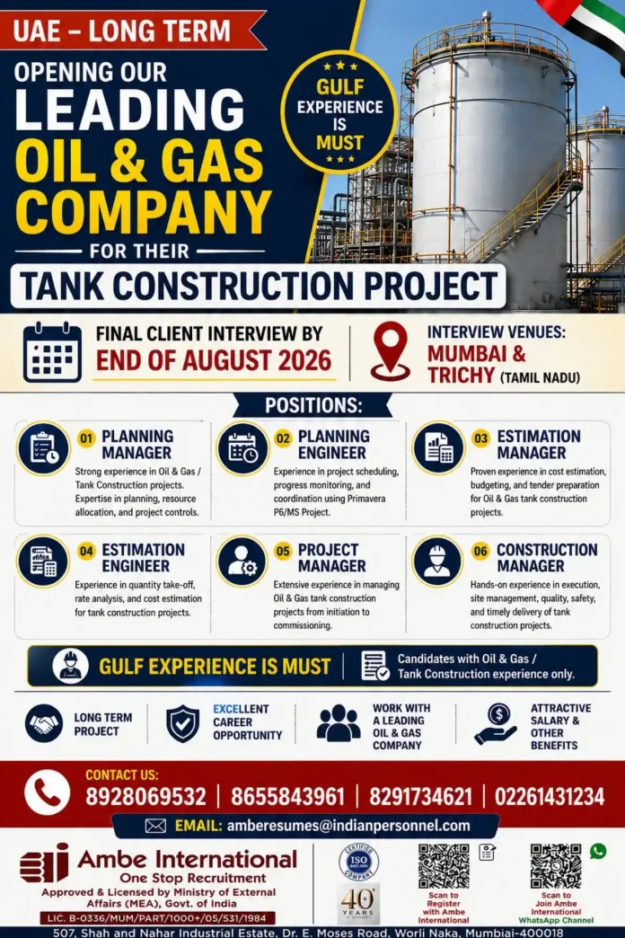 UAE Oil and Gas Tank Construction Jobs with Gulf Experience Required