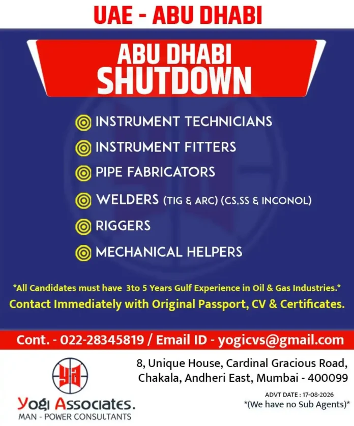 Abu Dhabi Oil & Gas Shutdown Jobs – Instrument Technicians, Welders, Riggers and Helpers