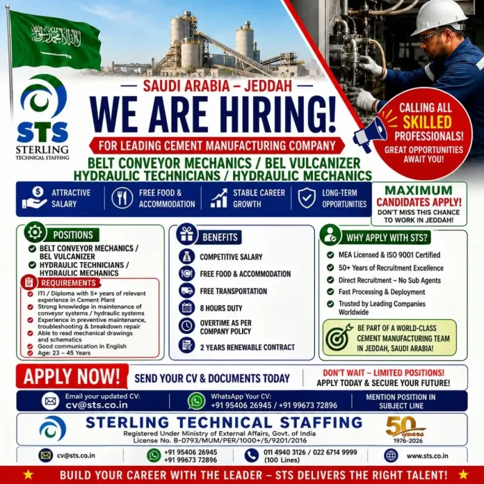 Belt Conveyor Mechanics and Hydraulic Technicians jobs in Jeddah Saudi Arabia with STS